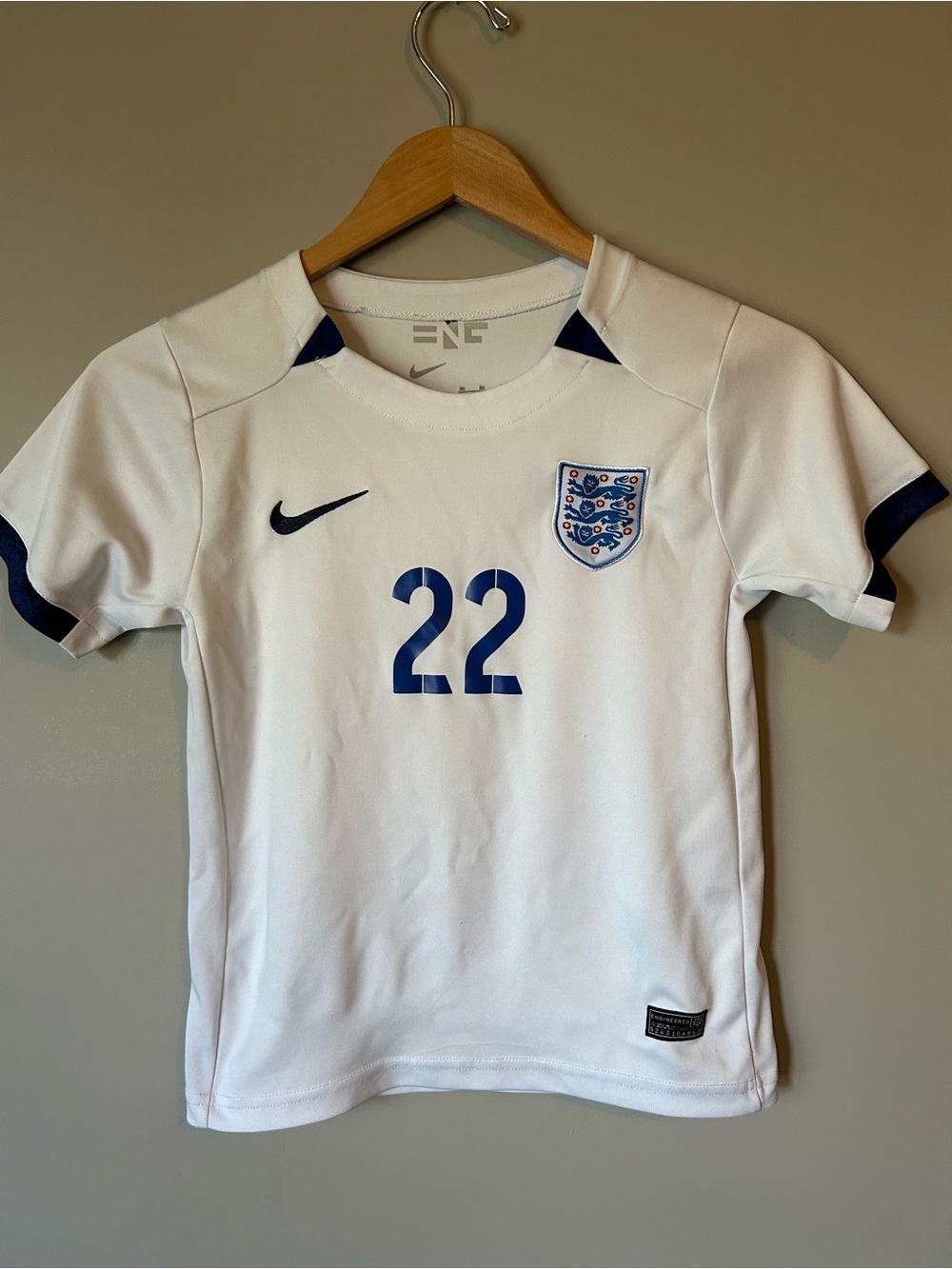 Nike White Kids England Football Jersey with Navy Accents Bellingham - #22
